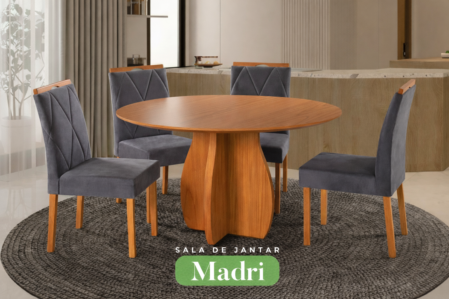 Conjunto Sala de Jantar Mesa Redonda Madri Madeira Maciça Cadeiras Estofadas Camila