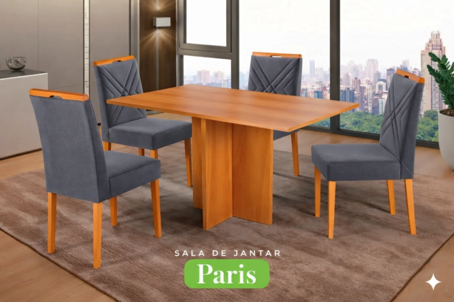 Conjunto Sala de Jantar Mesa Paris Madeira Maciça Cadeiras Estofadas Vitória - Imagem 5