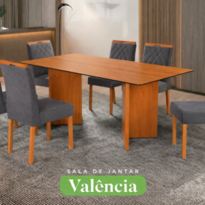Conjunto Sala de Jantar Mesa Valência Madeira Maciça Cadeiras Estofadas Eliza