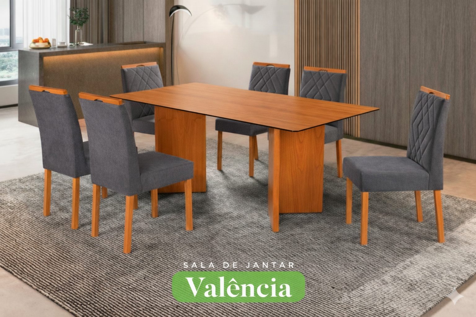 Conjunto Sala de Jantar Mesa Valência Madeira Maciça Cadeiras Estofadas Eliza