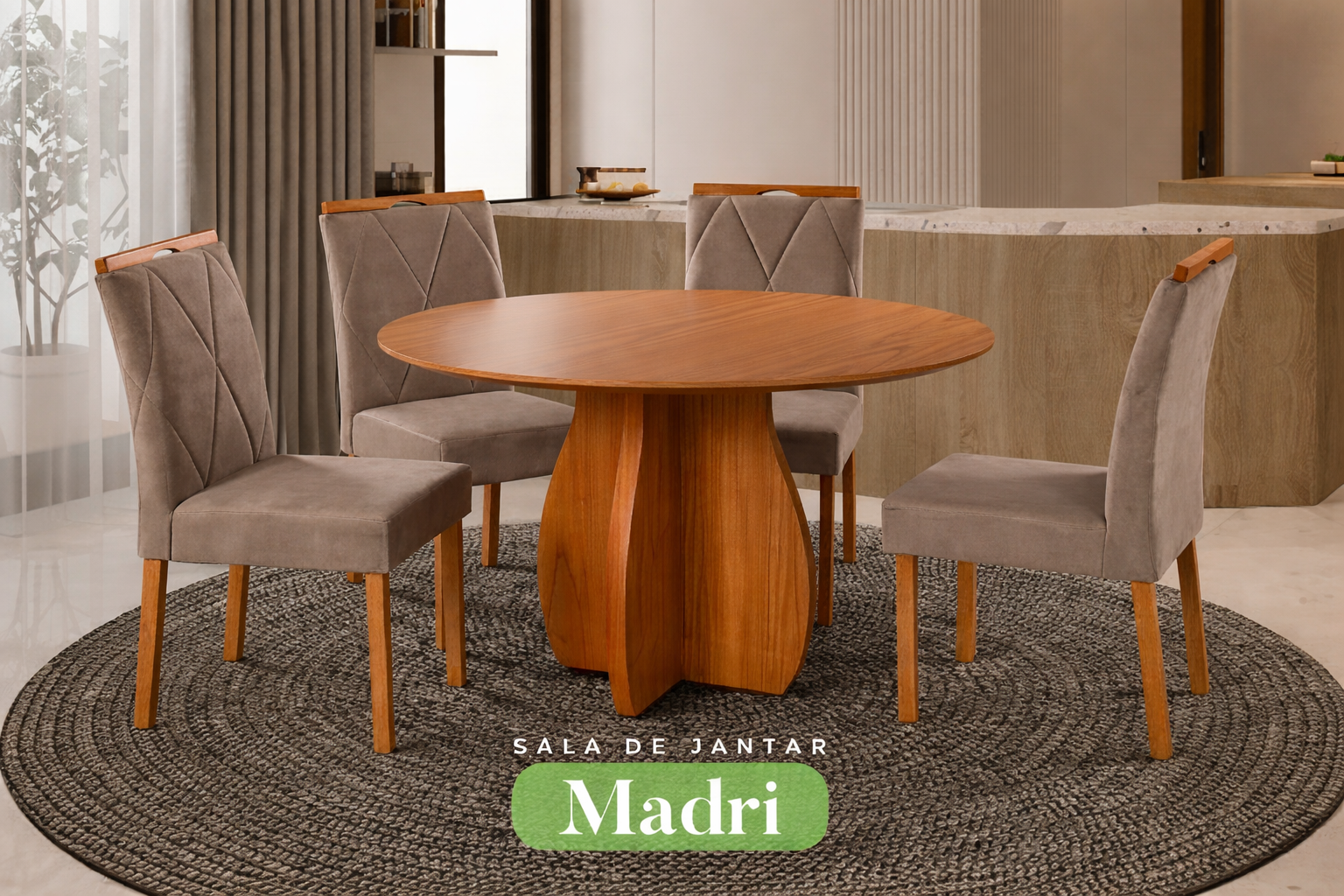 Conjunto Sala de Jantar Mesa Redonda Madri Madeira Maciça Cadeiras Estofadas Camila - Imagem 10