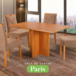 Conjunto Sala de Jantar Mesa Paris Madeira Maciça Cadeiras Estofadas Vitória