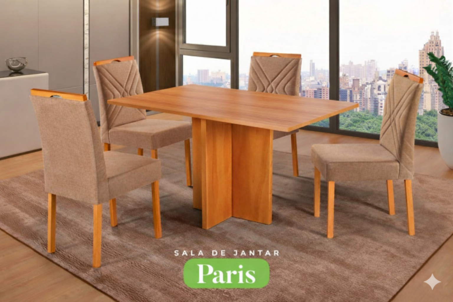 Conjunto Sala de Jantar Mesa Paris Madeira Maciça Cadeiras Estofadas Vitória