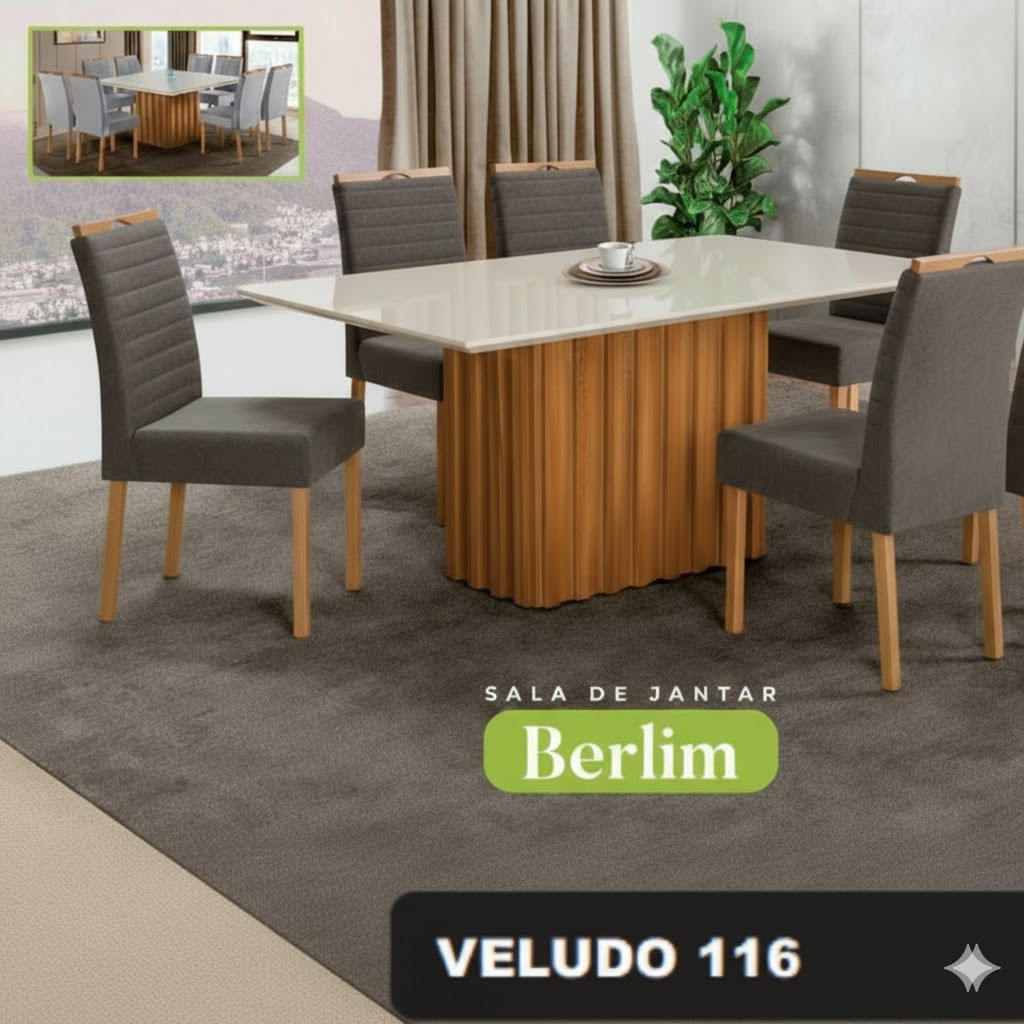 Conjunto Sala de Jantar Mesa Berlin Madeira Maciça Cadeiras Estofadas Helena - Imagem 2