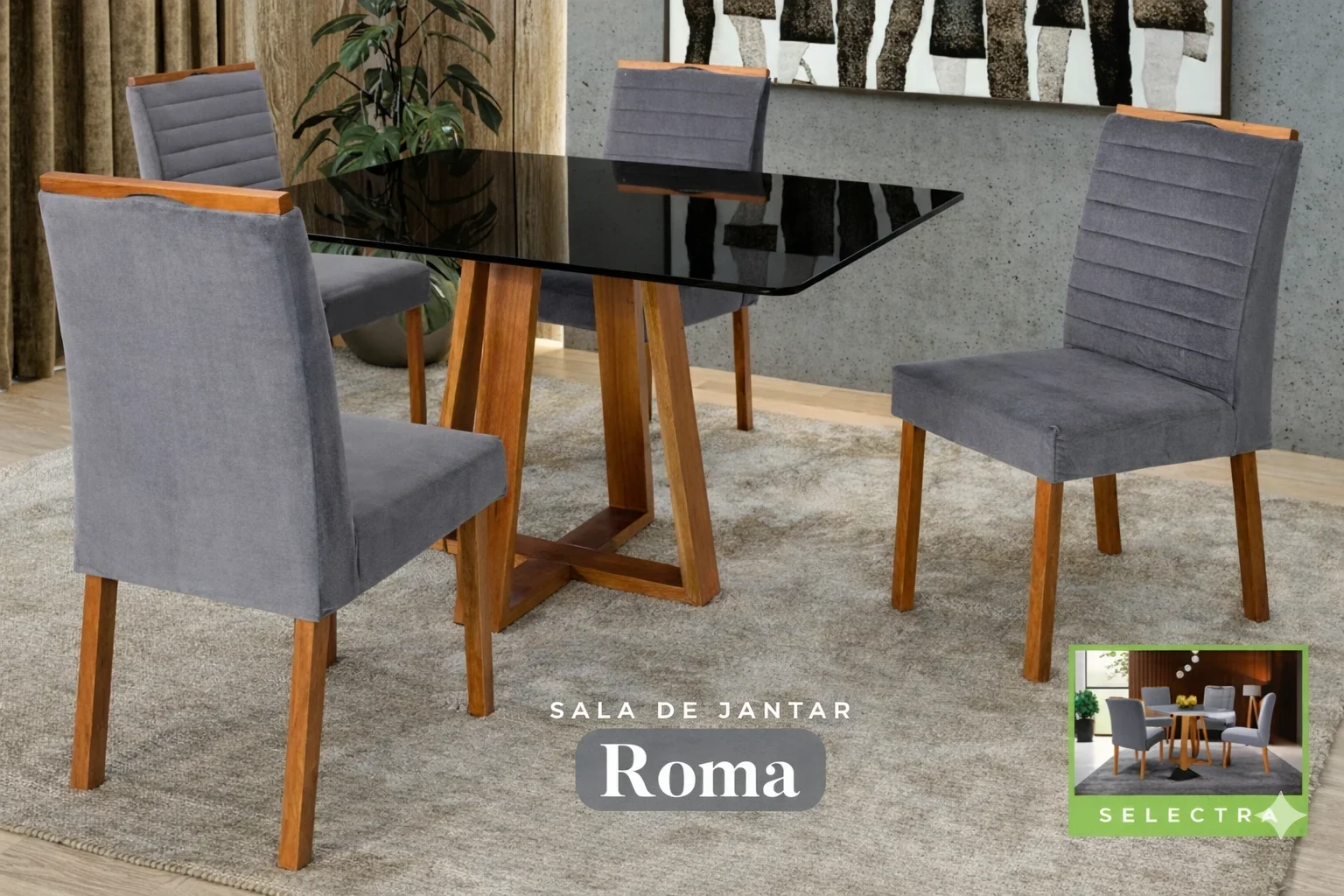 Conjunto Sala de Jantar Roma Mesa Quadrada Madeira Maciça 4 Cadeiras Estofadas Helena - Imagem 3