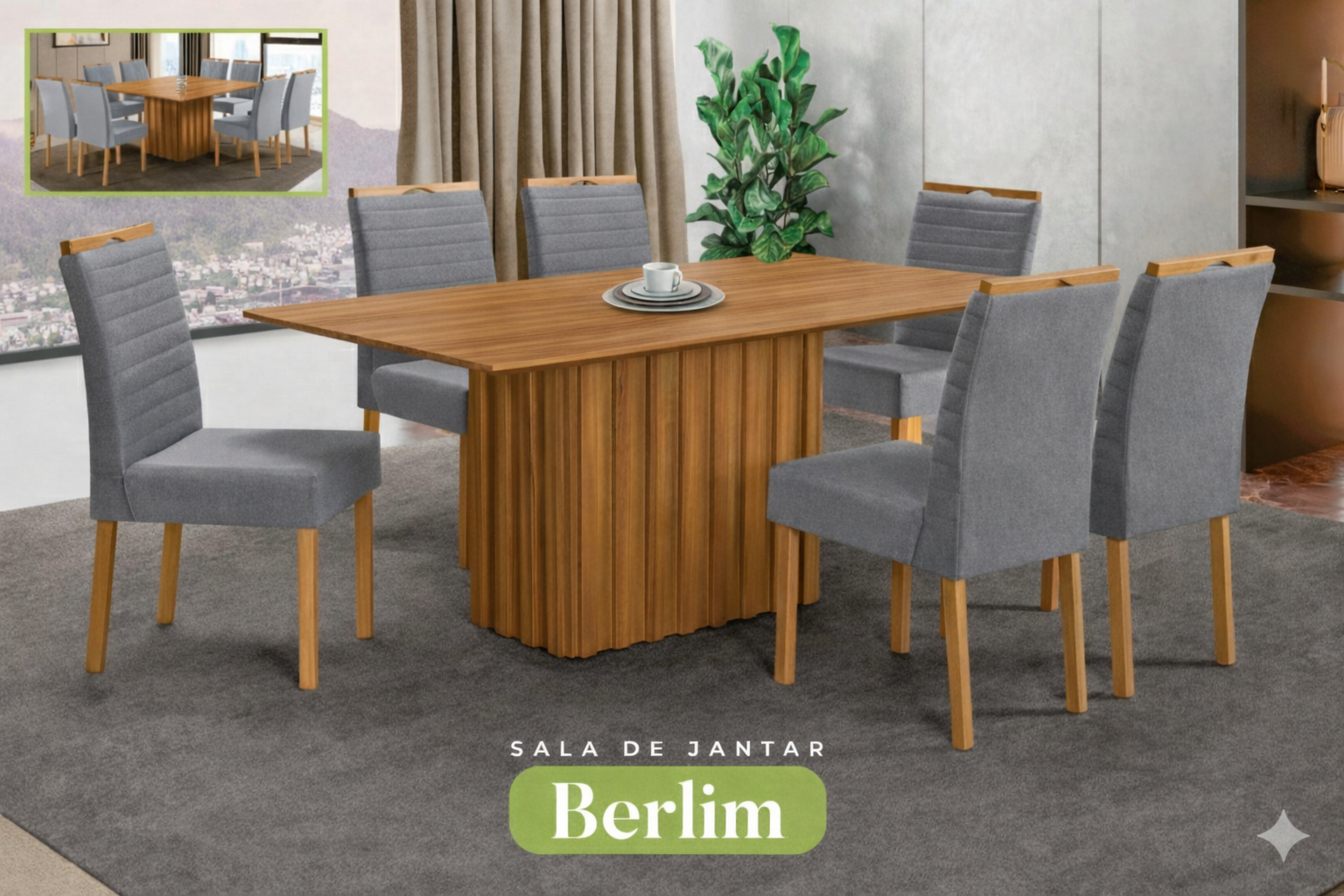 Conjunto Sala de Jantar Mesa Berlin Madeira Maciça Cadeiras Estofadas Helena - Imagem 10
