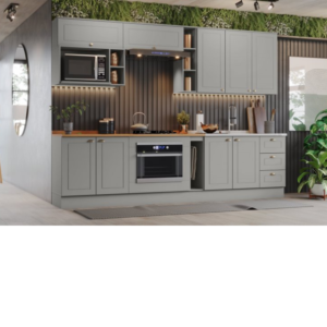 Cozinha completa com 2 portas basculantes com nicho para microondas caixa para encaixe do forno 7 portas de giro 3 gavetas nichos.