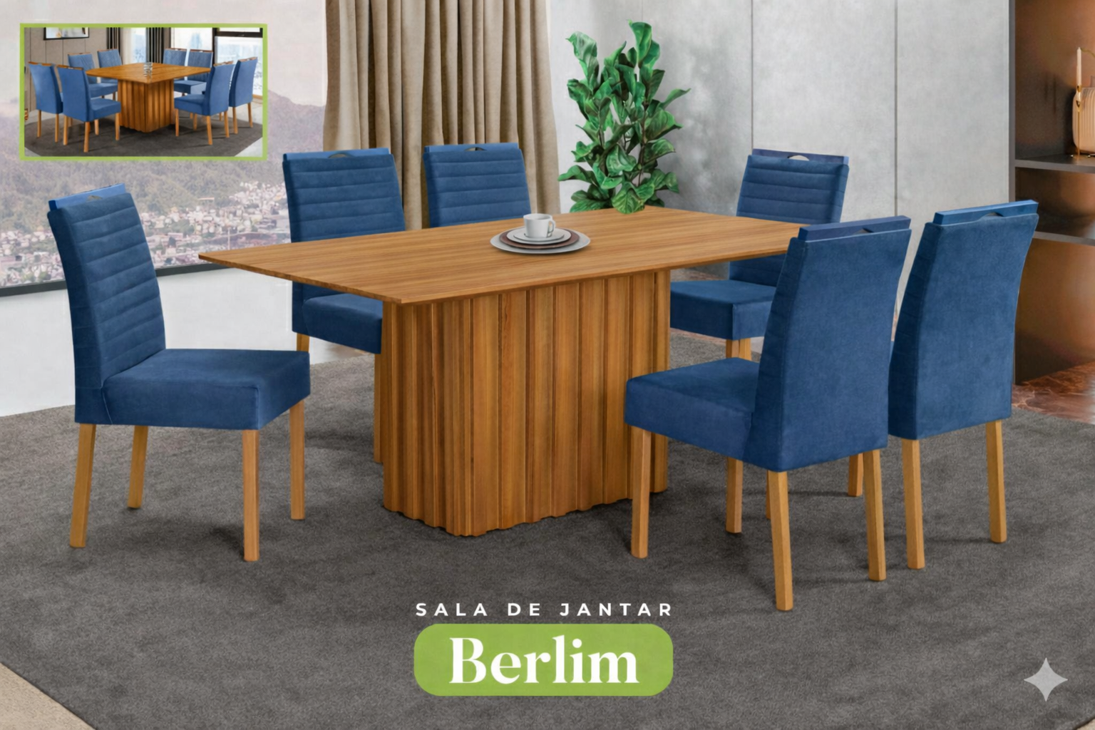 Conjunto Sala de Jantar Mesa Berlin Madeira Maciça Cadeiras Estofadas Helena - Imagem 9