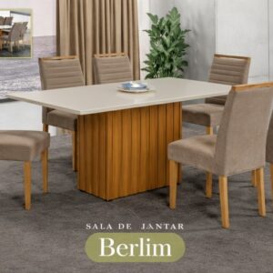 Conjunto Sala de Jantar Mesa Berlin Madeira Maciça Cadeiras Estofadas Helena