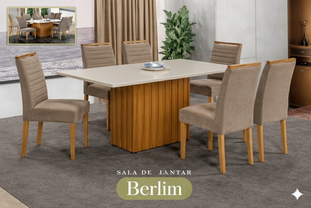 Conjunto Sala de Jantar Mesa Berlin Madeira Maciça Cadeiras Estofadas Helena