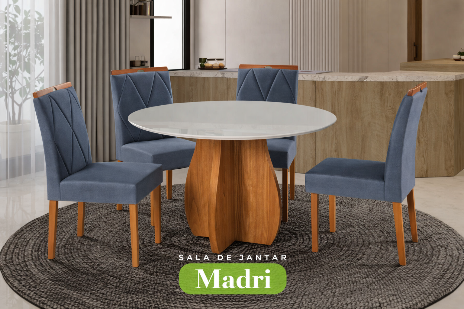 Conjunto Sala de Jantar Mesa Redonda Madri Madeira Maciça Cadeiras Estofadas Camila - Imagem 5