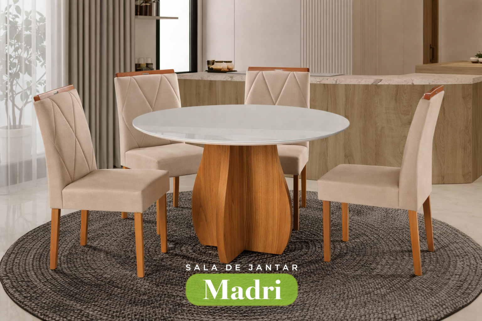Conjunto Sala de Jantar Mesa Redonda Madri Madeira Maciça Cadeiras Estofadas Camila - Imagem 2