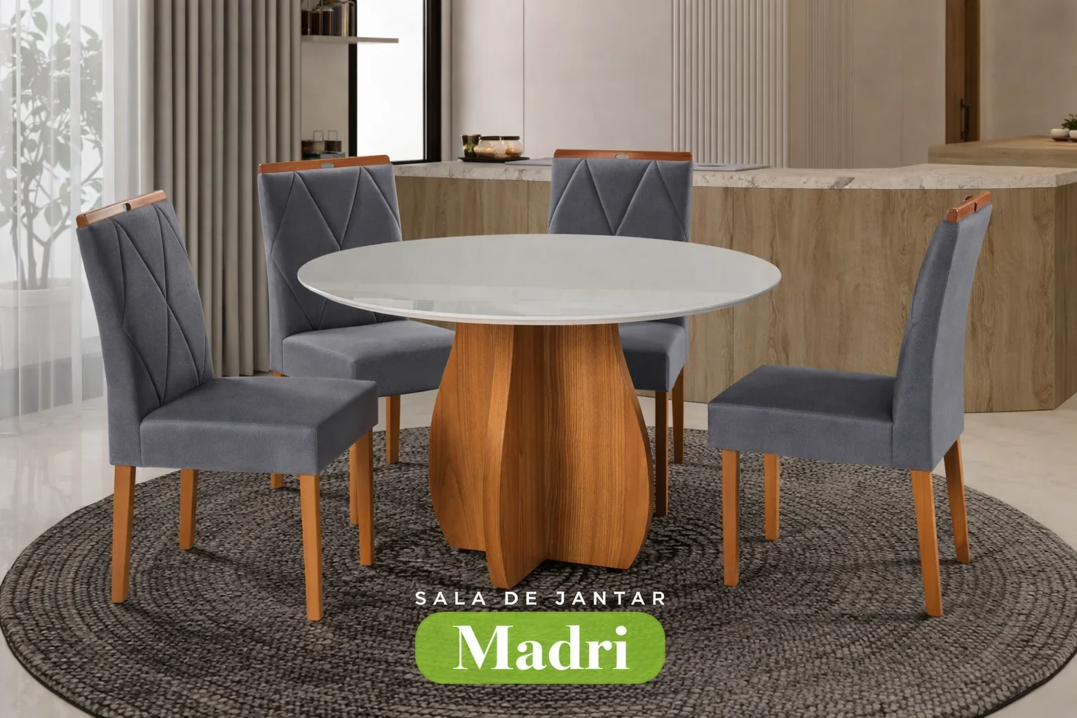 Conjunto Sala de Jantar Mesa Redonda Madri Madeira Maciça Cadeiras Estofadas Camila - Imagem 3
