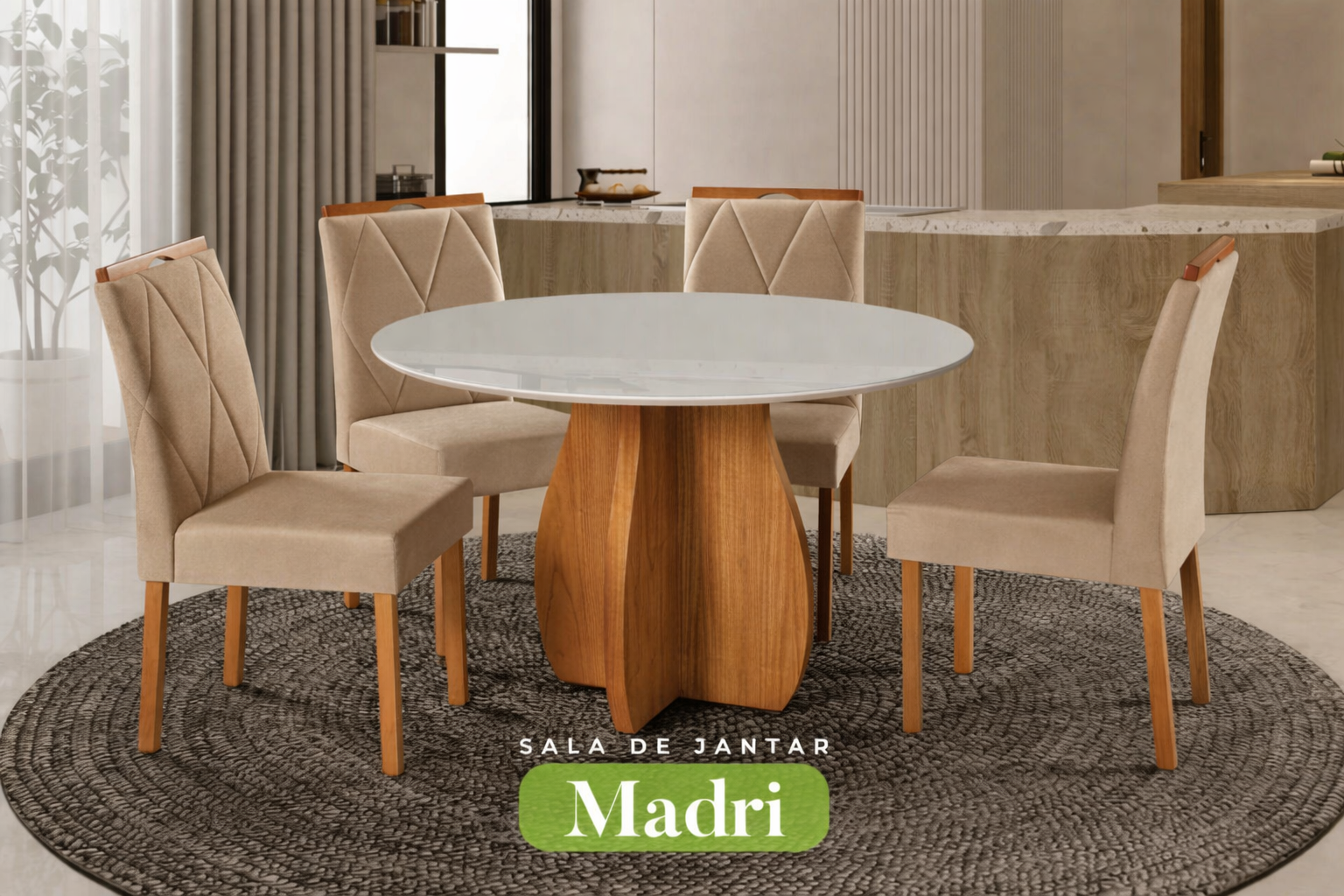 Conjunto Sala de Jantar Mesa Redonda Madri Madeira Maciça Cadeiras Estofadas Camila - Imagem 4