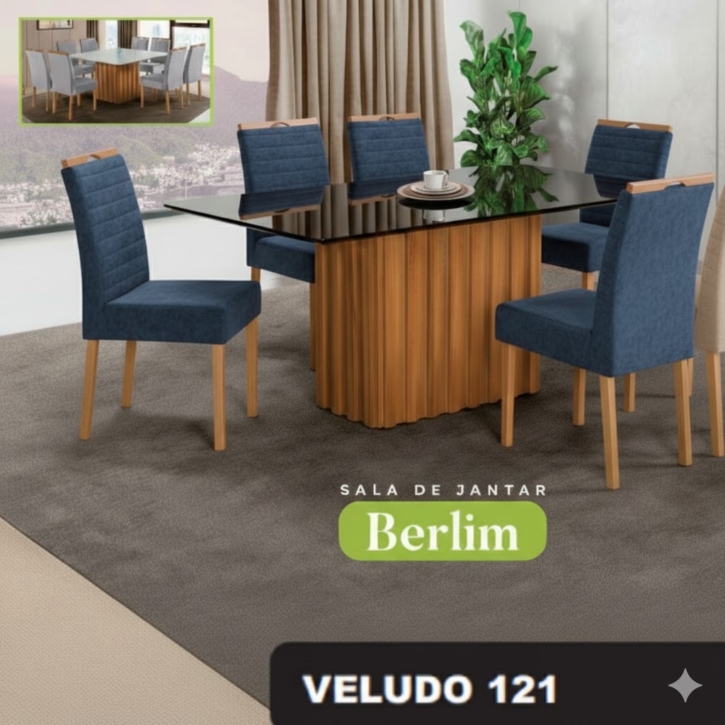 Conjunto Sala de Jantar Mesa Berlin Madeira Maciça Cadeiras Estofadas Helena - Imagem 4