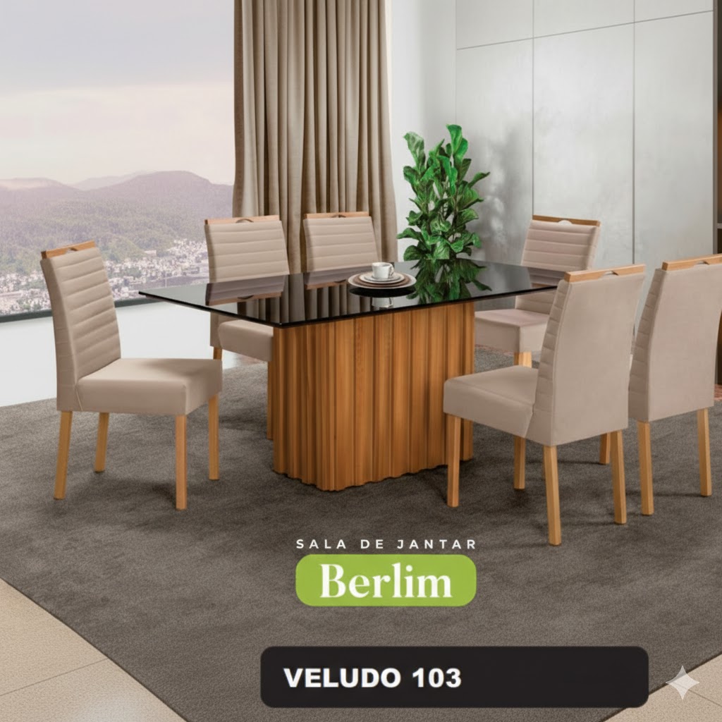 Conjunto Sala de Jantar Mesa Berlin Madeira Maciça Cadeiras Estofadas Helena - Imagem 5