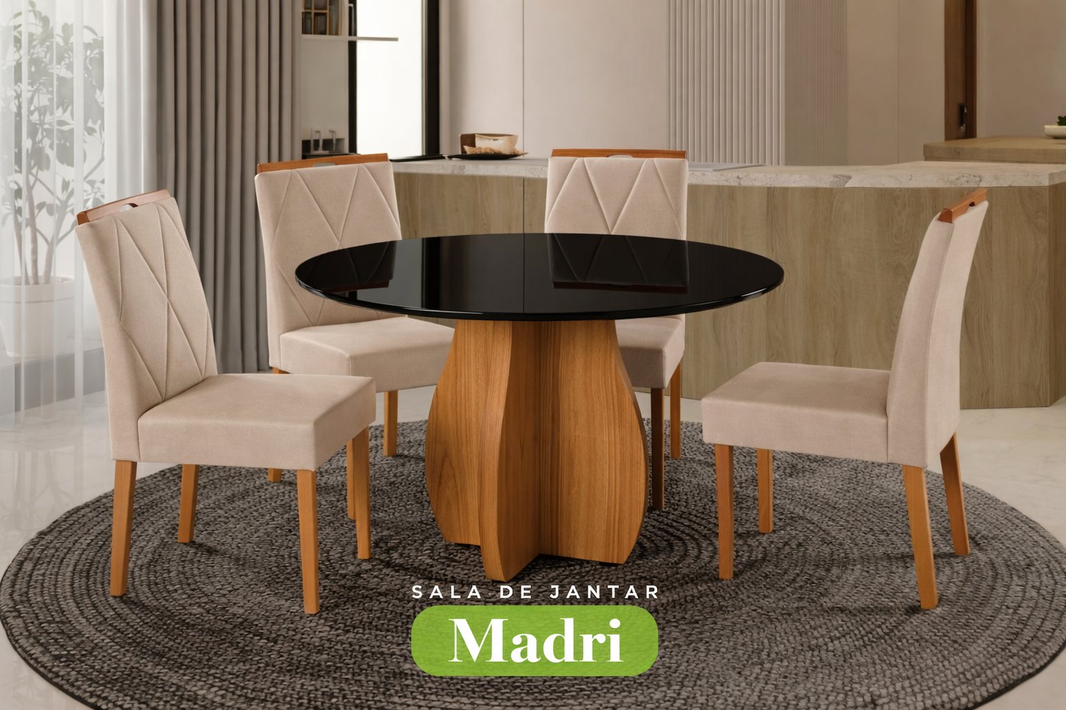 Conjunto Sala de Jantar Mesa Redonda Madri Madeira Maciça Cadeiras Estofadas Camila - Imagem 7