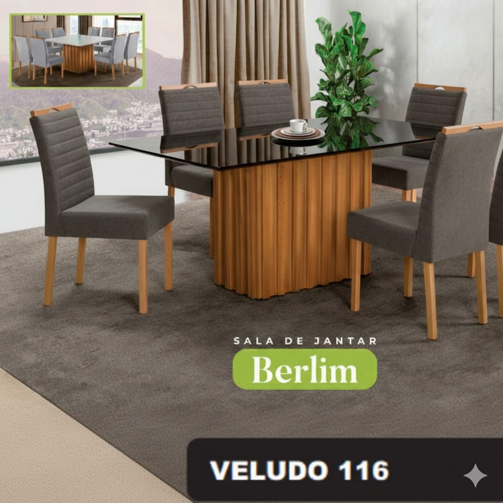 Conjunto Sala de Jantar Mesa Berlin Madeira Maciça Cadeiras Estofadas Helena - Imagem 3