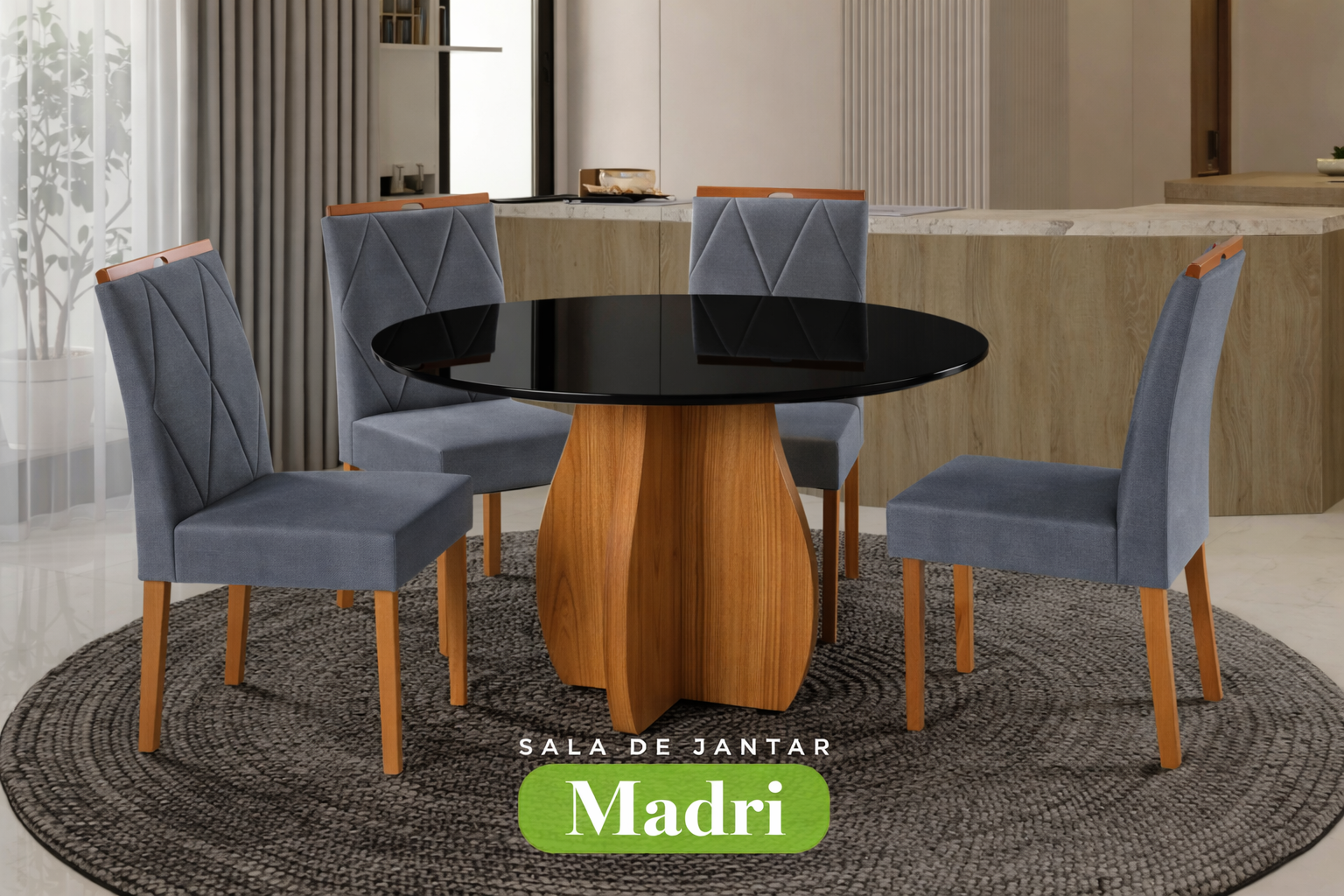 Conjunto Sala de Jantar Mesa Redonda Madri Madeira Maciça Cadeiras Estofadas Camila - Imagem 8