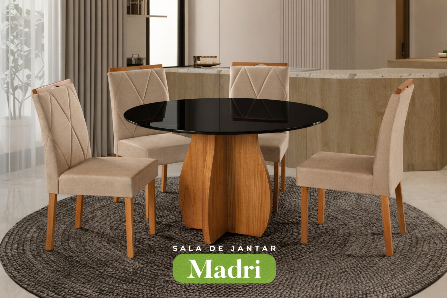 Conjunto Sala de Jantar Mesa Redonda Madri Madeira Maciça Cadeiras Estofadas Camila - Imagem 9