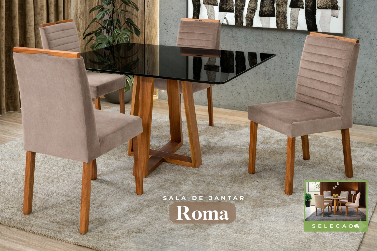 Conjunto Sala de Jantar Roma Mesa Quadrada Madeira Maciça 4 Cadeiras Estofadas Helena - Imagem 2