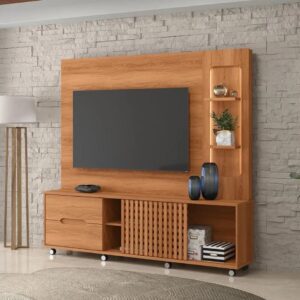 Estante Home Brise Sala de Estar 100% MDF Led no Nicho com 2 gavetas e 1 porta de correr e Luzes de LED