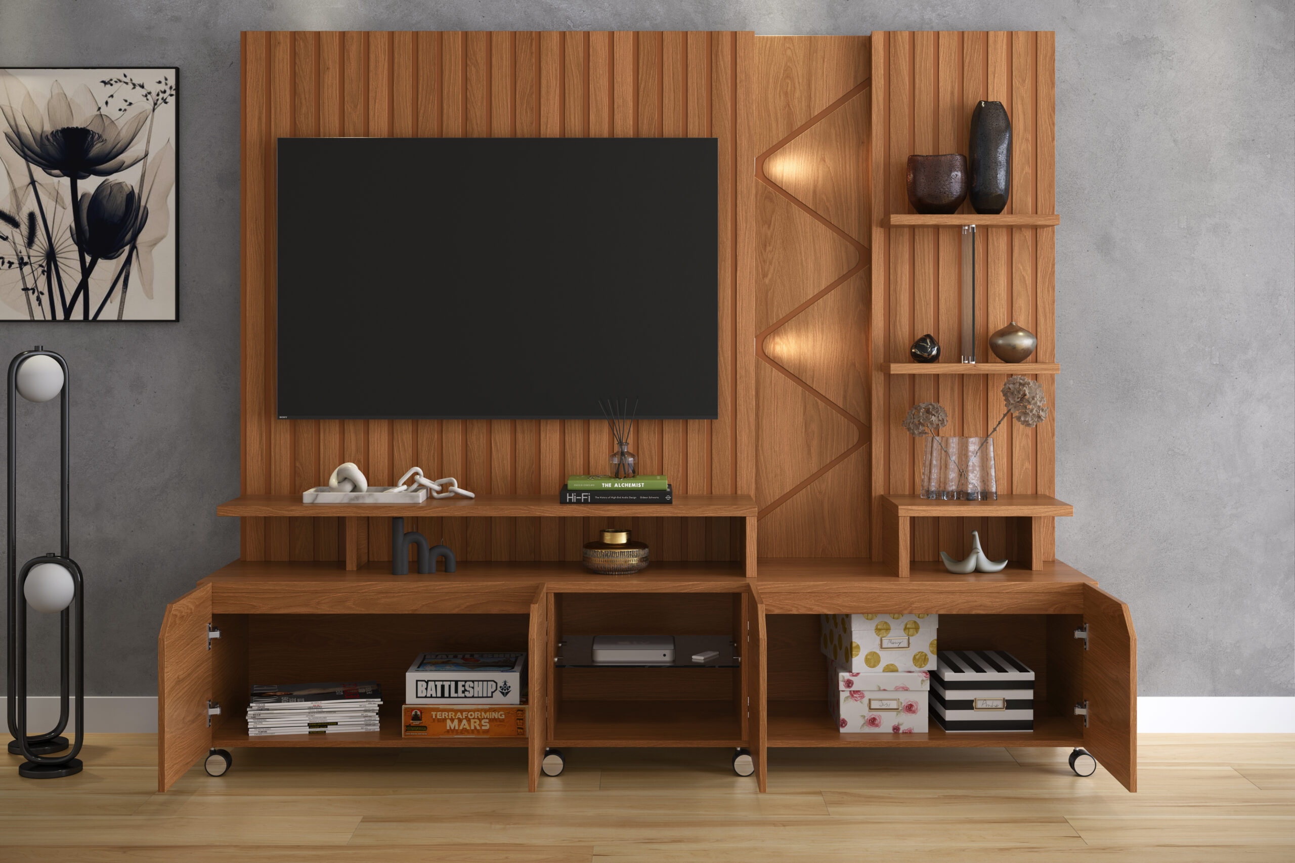 Estante Home para TVs até 55 polegadas 04 portas Frisado com Led 100% Mdf