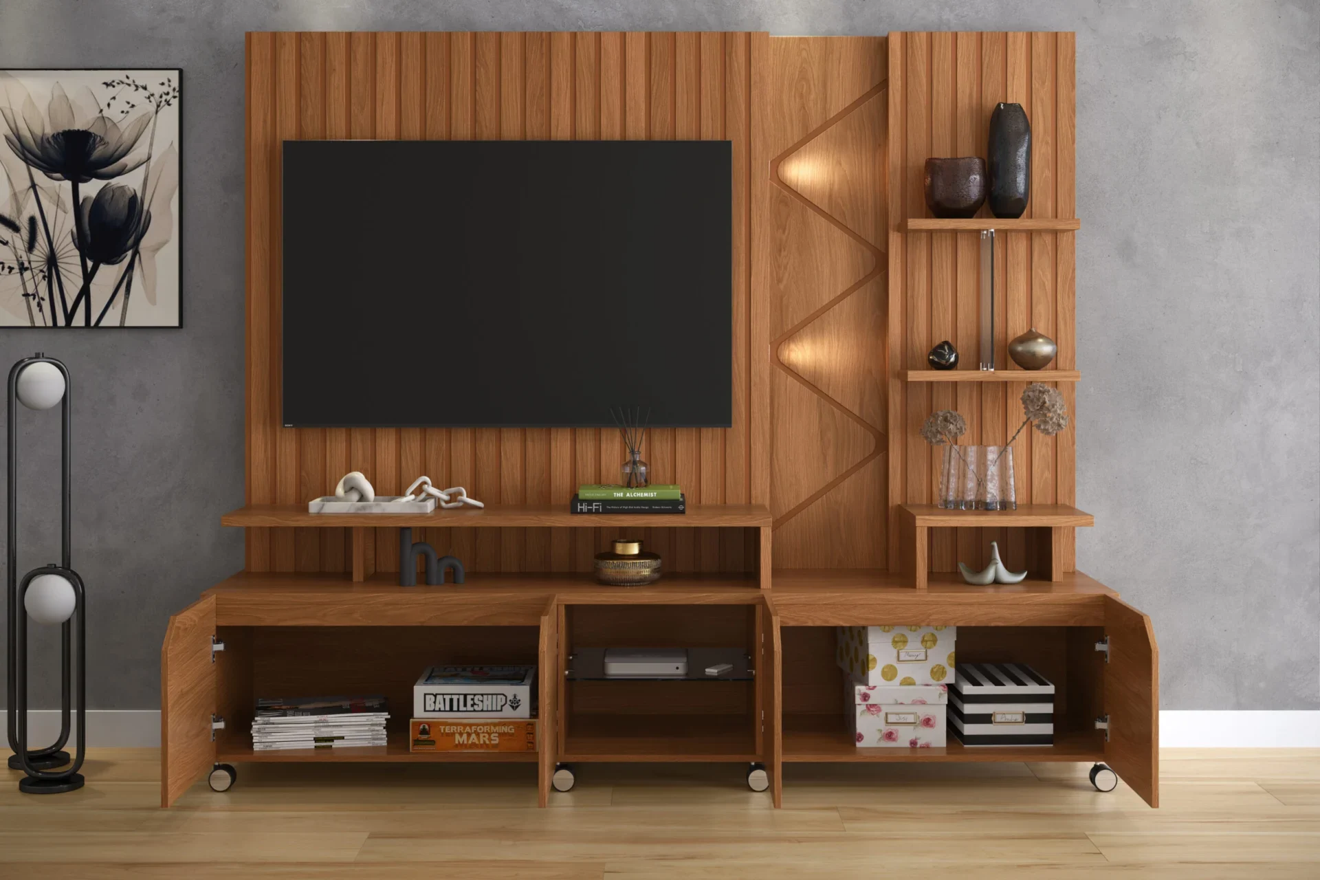 Estante Home para TVs até 55 polegadas 04 portas Frisado com Led 100% Mdf
