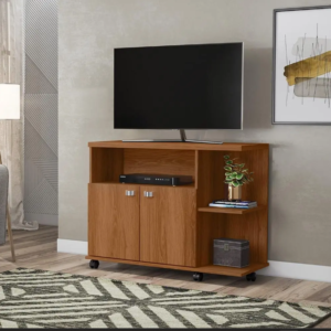 Rack Bancada TV Lisboa com 2 portas e prateleiras para enfeite com rodizios