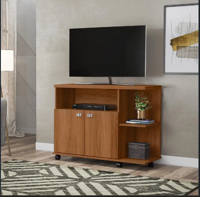 Rack Bancada TV Lisboa com 2 portas e prateleiras para enfeite com rodizios