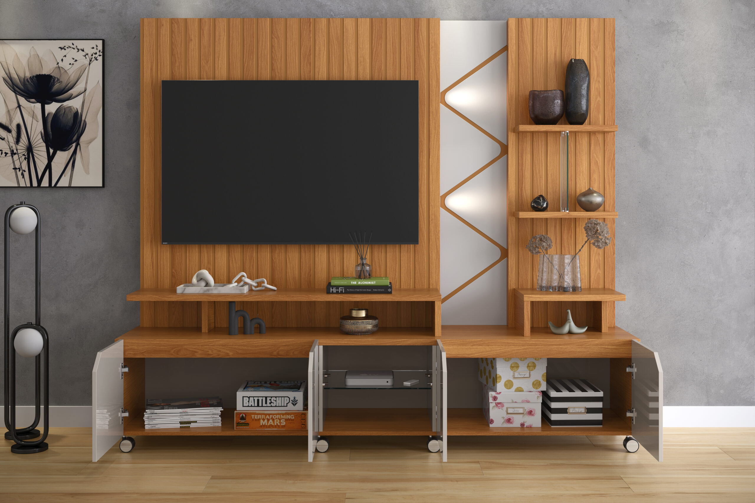 Estante Home para TVs até 55 polegadas 04 portas Frisado com Led 100% Mdf - Imagem 2