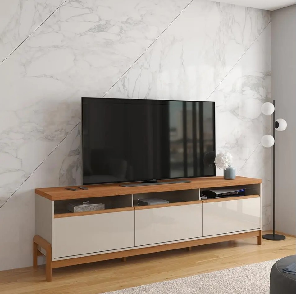 Bancada Rack Elegance 01 porta 03 gavetas Pés e Puxadores de Madeira Maciça 100% MDF