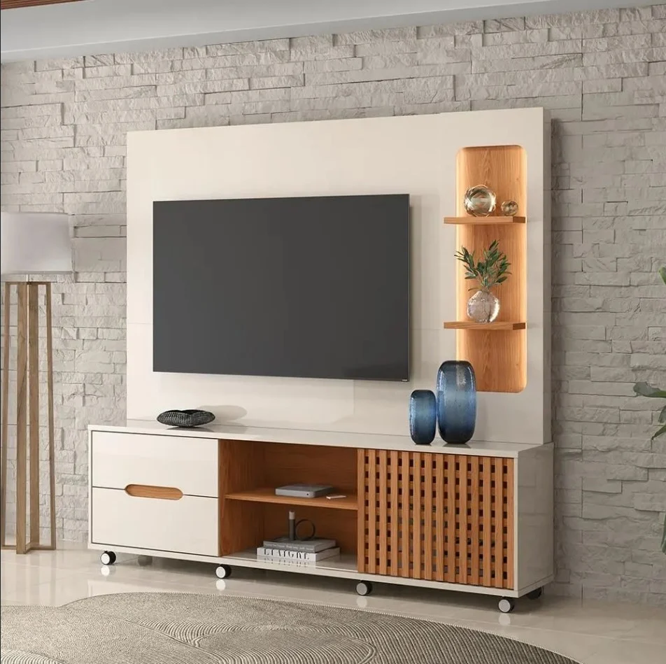 Estante Home Brise Sala de Estar 100% MDF Led no Nicho com 2 gavetas e 1 porta de correr e Luzes de LED - Imagem 2