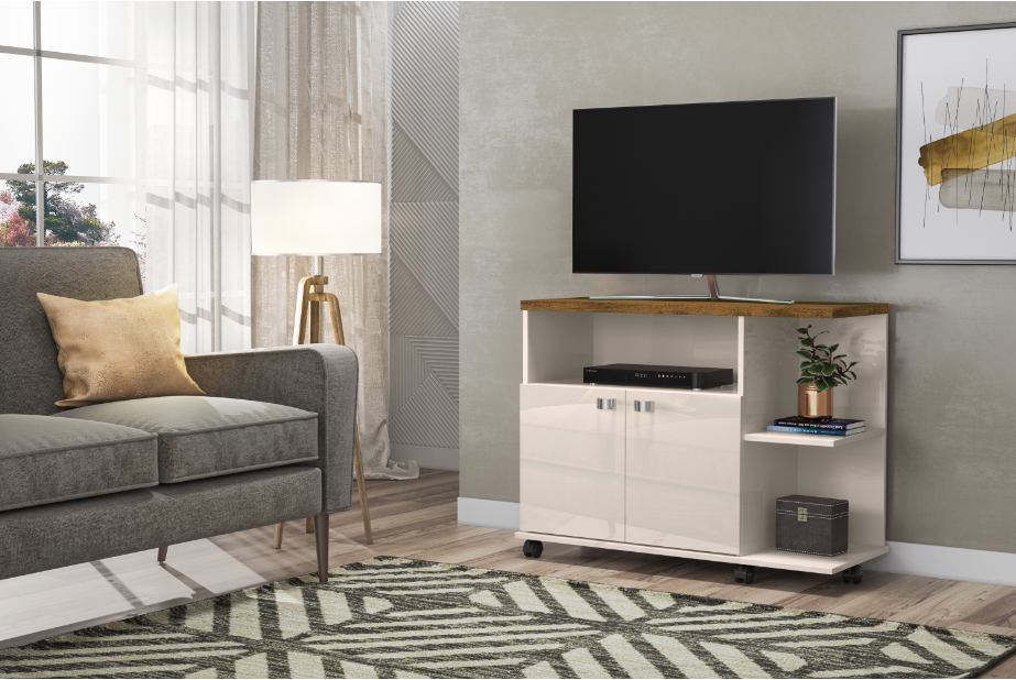 Rack Bancada TV Lisboa com 2 portas e prateleiras para enfeite com rodizios - Imagem 2