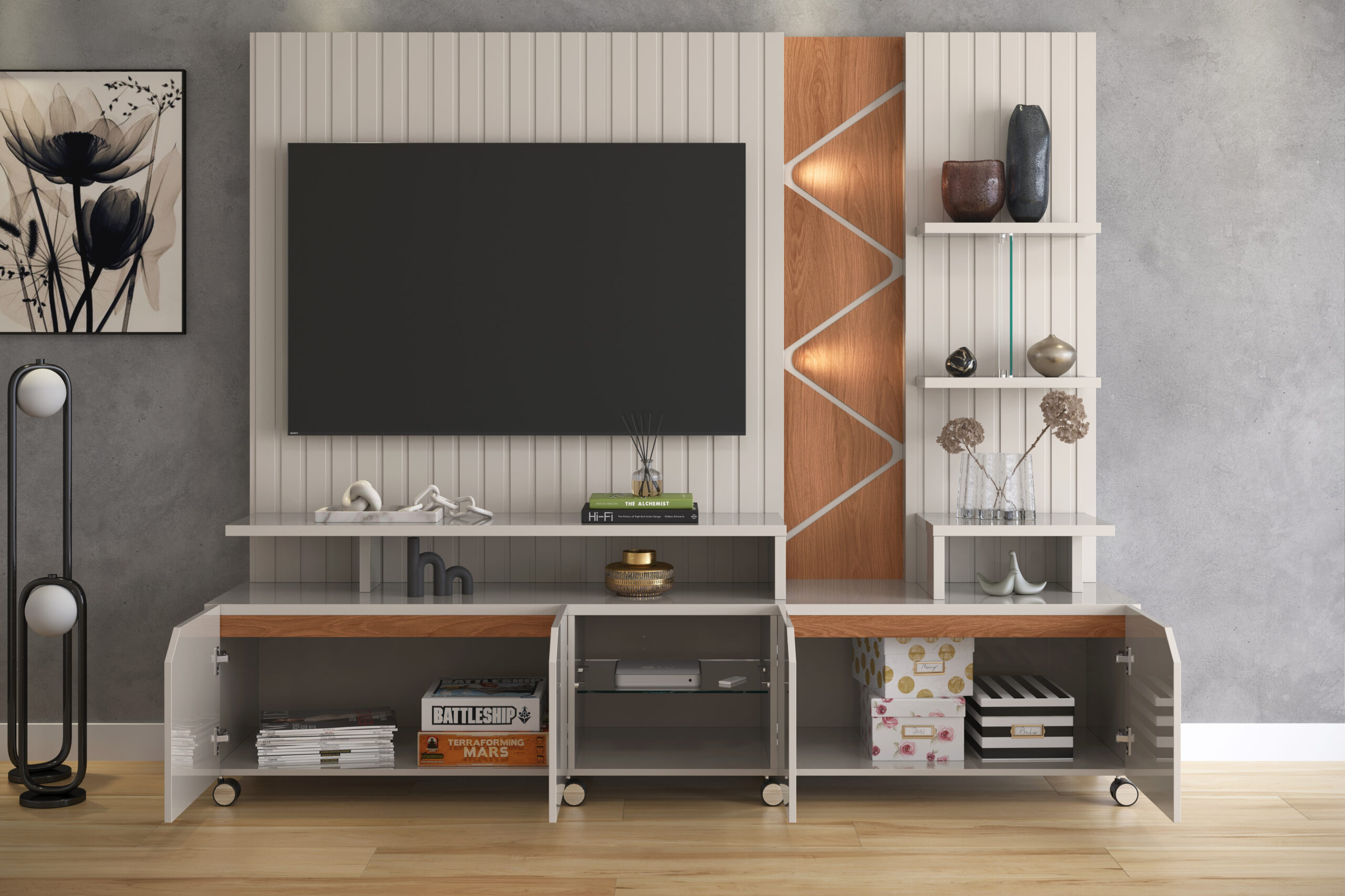 Estante Home para TVs até 55 polegadas 04 portas Frisado com Led 100% Mdf - Imagem 3