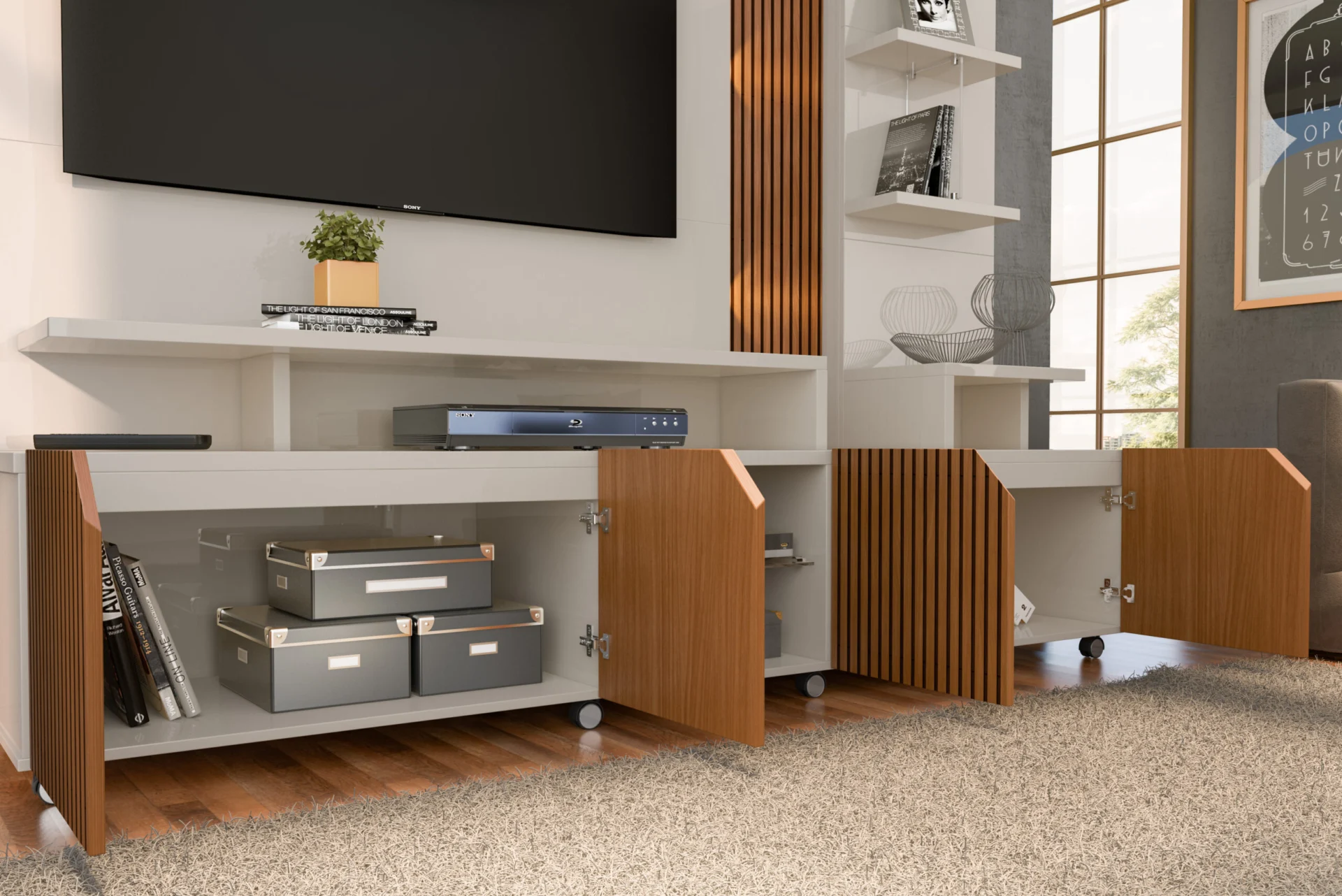 Estante Home para TVs até 55 polegadas 04 portas Frisado com Led 100% Mdf - Imagem 5
