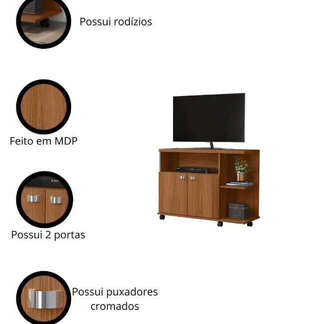 Rack Bancada TV Lisboa com 2 portas e prateleiras para enfeite com rodizios - Imagem 4