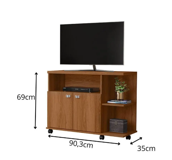 Rack Bancada TV Lisboa com 2 portas e prateleiras para enfeite com rodizios - Imagem 6