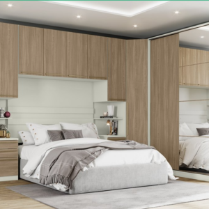 Guarda roupa canto em L com com uma porta em espelho modulado Seletto.