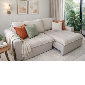 Sofá Marsala retrátil zero caixa estofado com molas ensacadas lateral com detalhe em madeira.