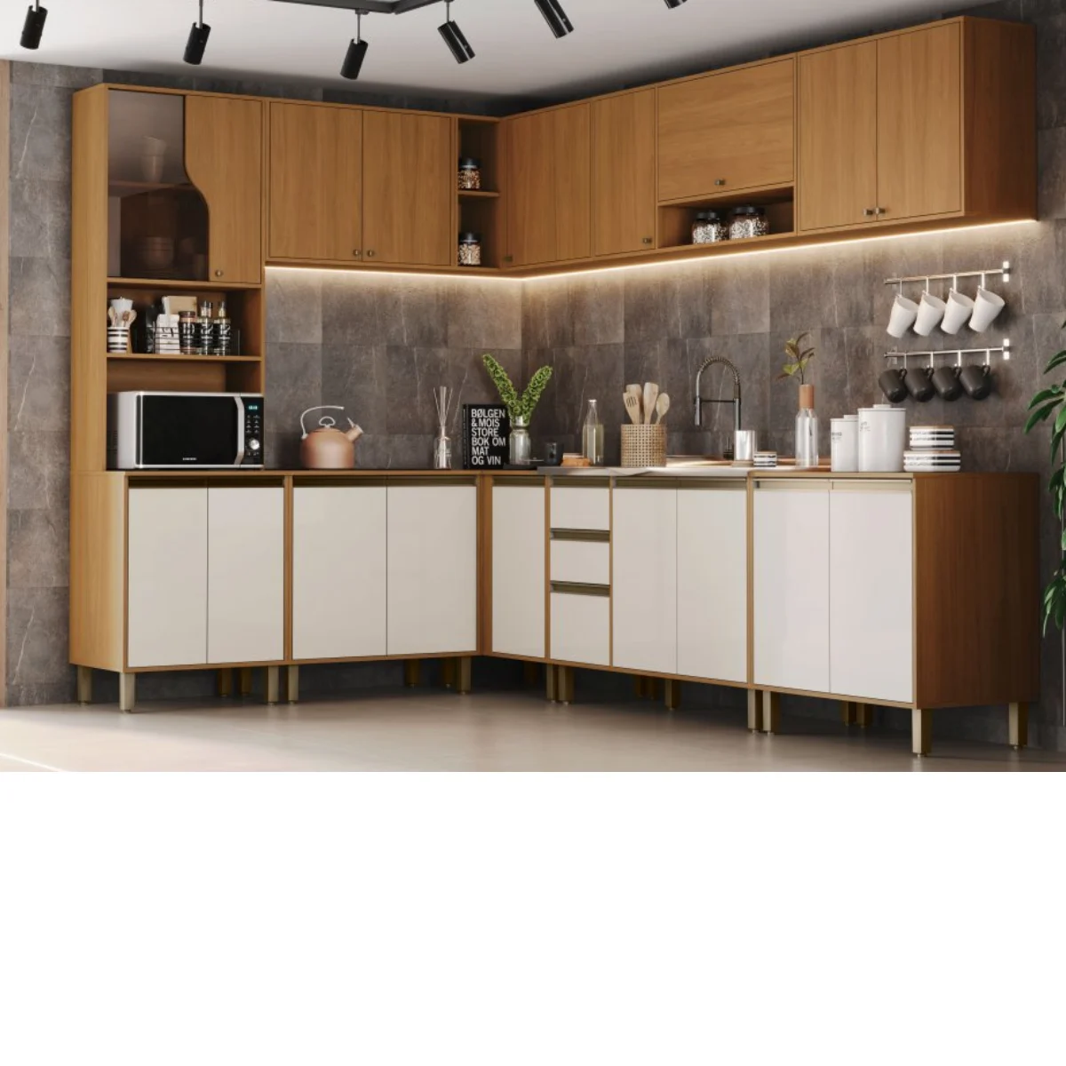 Cozinha Modulada de Canto Completa Nature e Off White com Torre Quente e Cristaleira