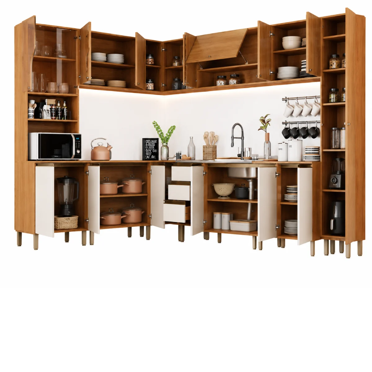 Cozinha Modulada de Canto Completa Nature e Off White com Torre Quente e Cristaleira - Imagem 4