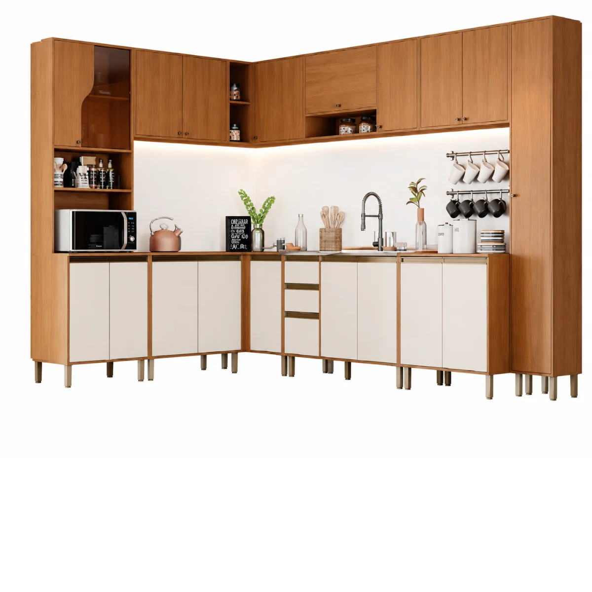Cozinha Modulada de Canto Completa Nature e Off White com Torre Quente e Cristaleira - Imagem 3