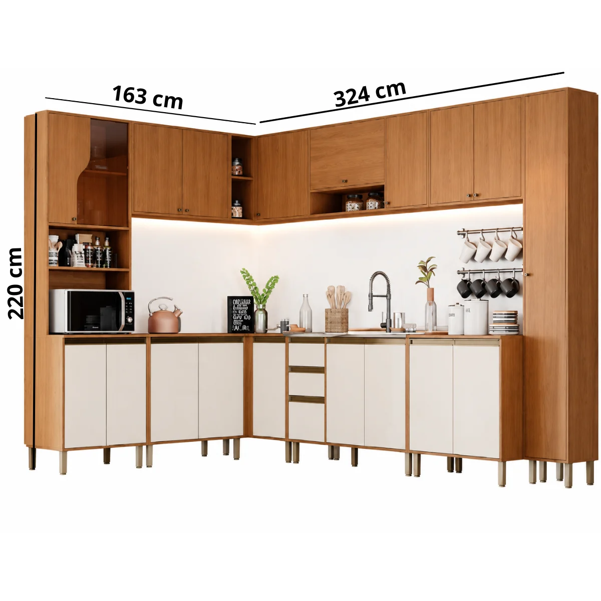 Cozinha Modulada de Canto Completa Nature e Off White com Torre Quente e Cristaleira - Imagem 2