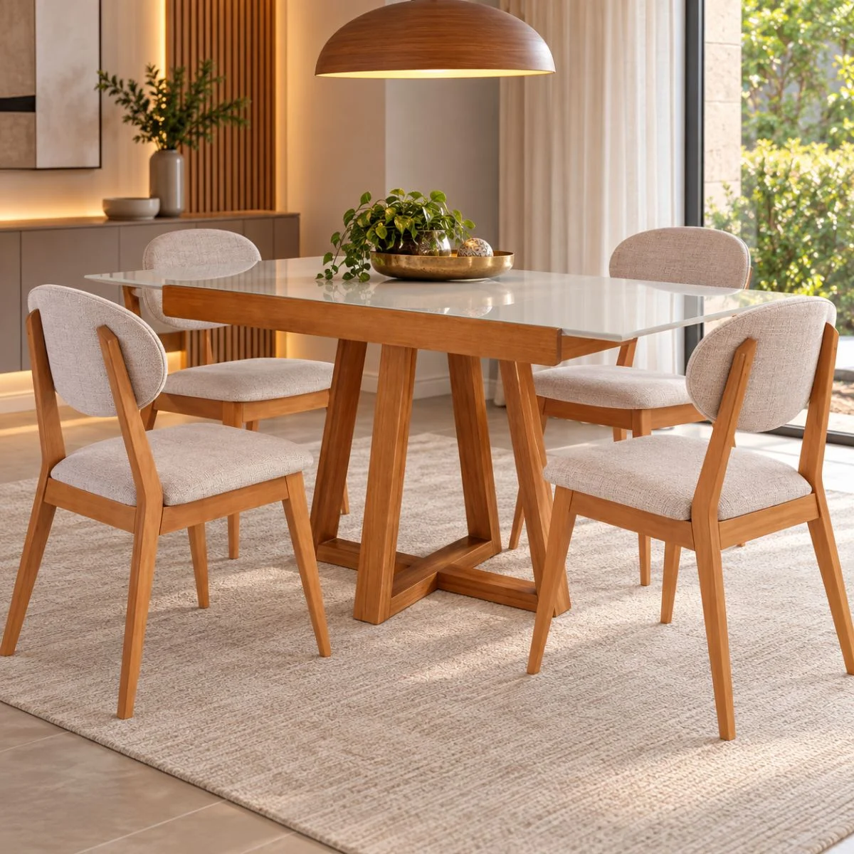 Conjunto sala de jantar mesa Malta 4 a 6 cadeiras Volar estofadas tampo off white vidro